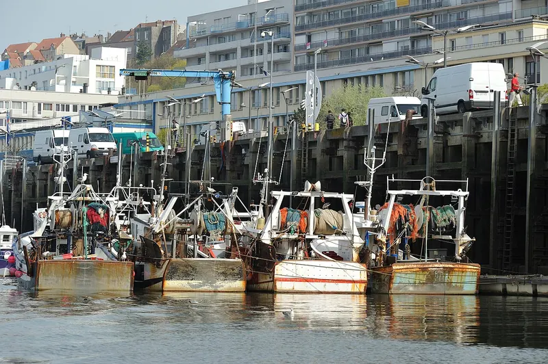 Boulogne-sur-Mer fishing port with trawlers moored at the quay